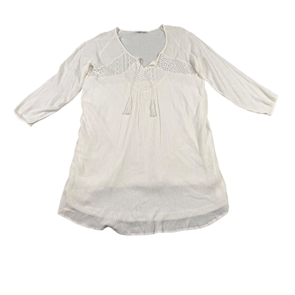 Purple Snow Anthropologie 2X White Whimsical Boho Lace Yoke Tassel Tunic Blouse